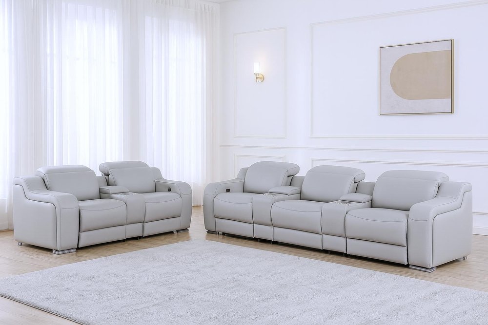 Two Piece Light Gray Leather Five Person Seating Set