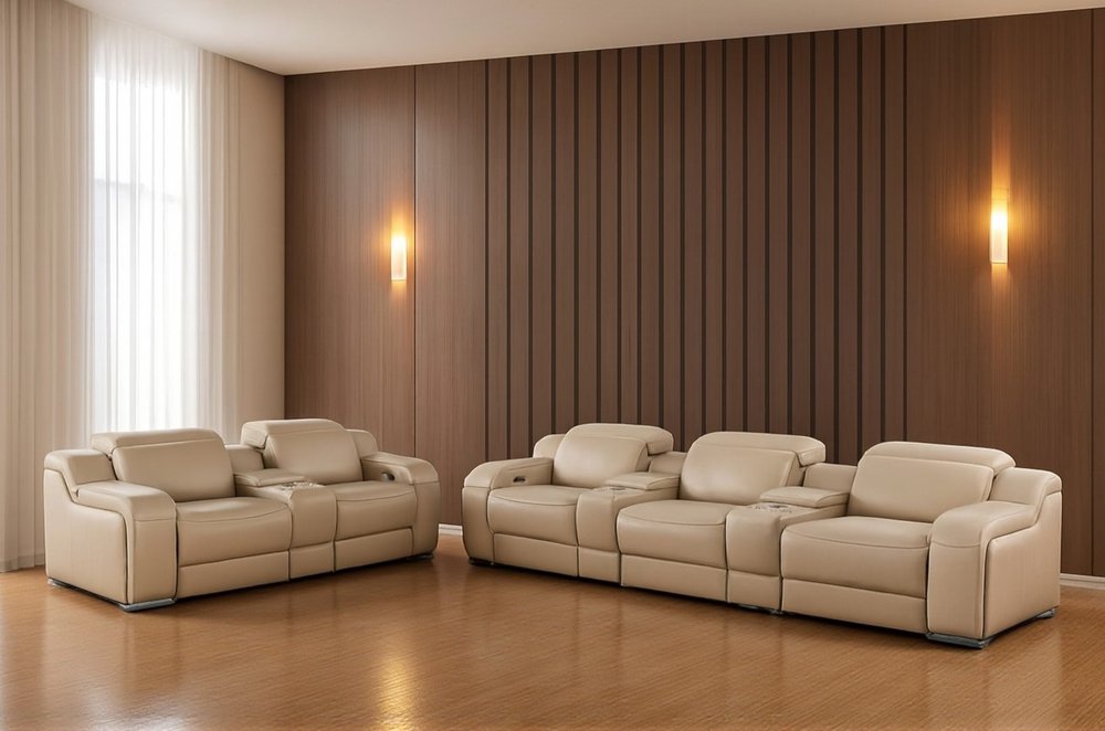 Two Piece Beige Leather Five Person Seating Set