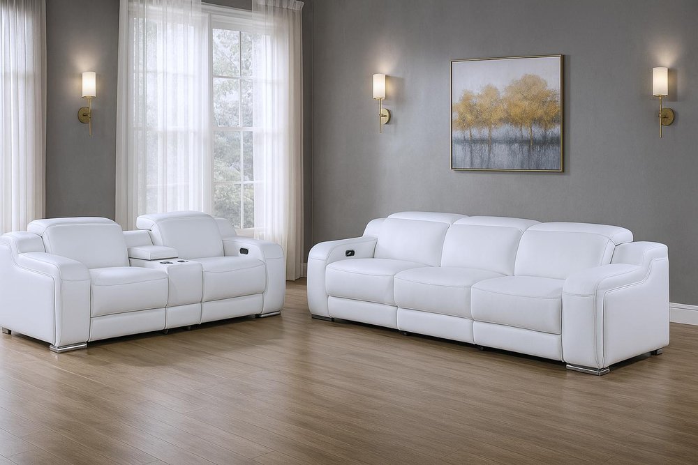 Two Piece White Leather Five Person Seating Set