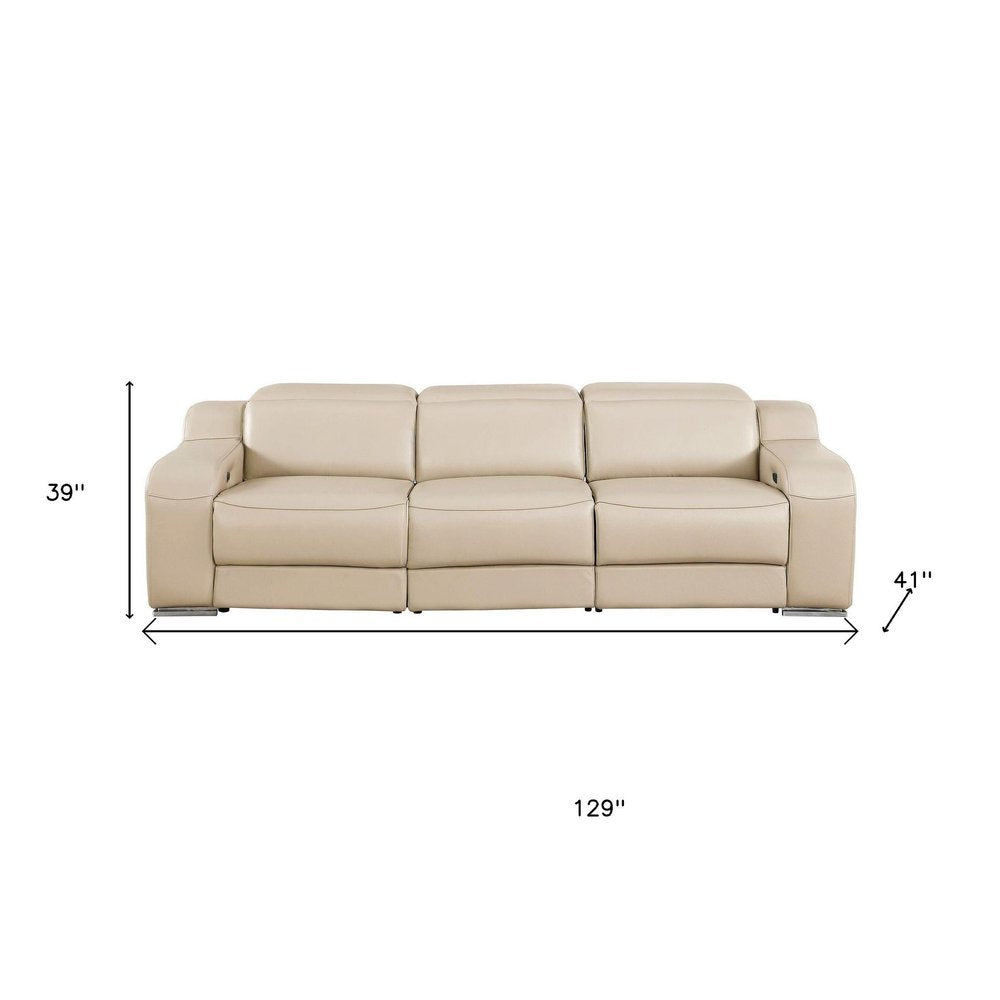 Three Piece Beige Leather Five Person Seating Set