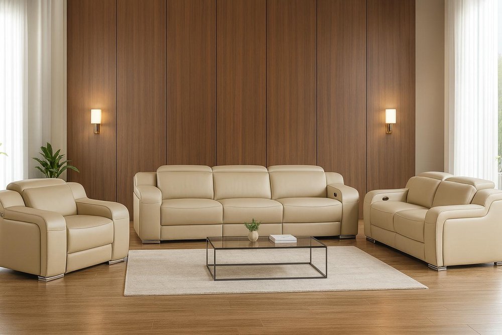 Three Piece Beige Leather Five Person Seating Set