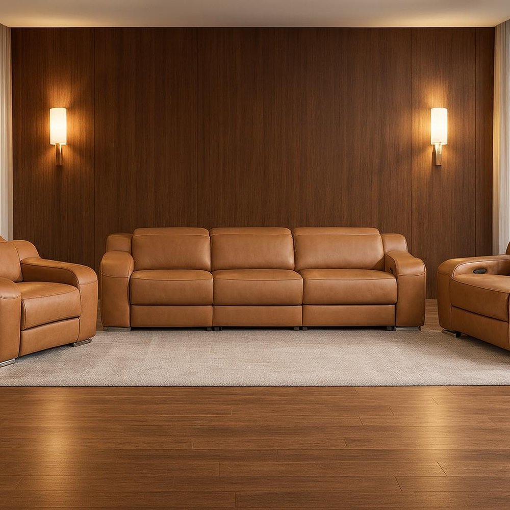 Three Piece Chestnut Leather Five Person Seating Set
