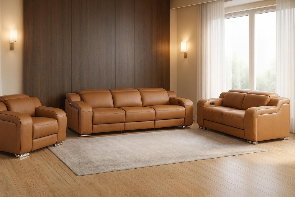 Three Piece Chestnut Leather Five Person Seating Set