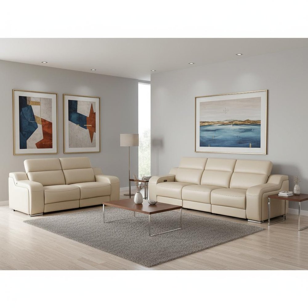 Two Piece Beige Leather Four Person Seating Set