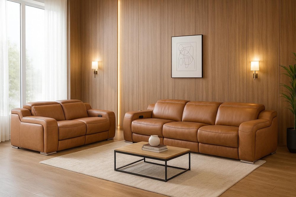 Two Piece Chestnut Leather Four Person Seating Set