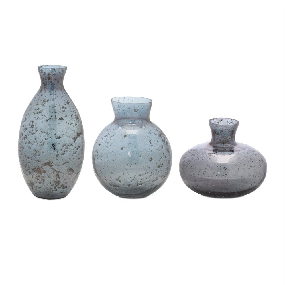 Set of Three Blue And Gray Seeded Glass Table Vases