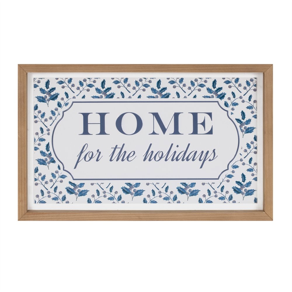 10" X 19" Blue And White Home For The Holidays Wood Framed Art