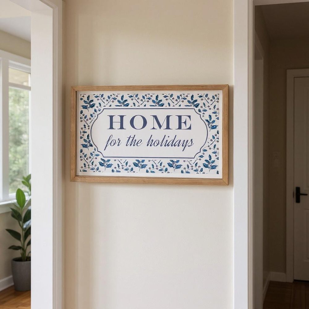10" X 19" Blue And White Home For The Holidays Wood Framed Art