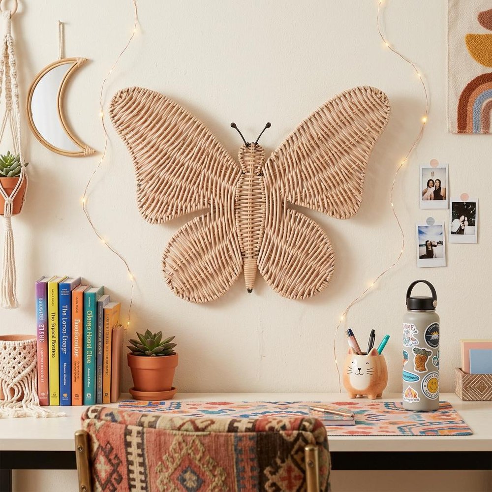 14" X 18" Natural Butterfly Rattan Hanging Dimensional Sculpture