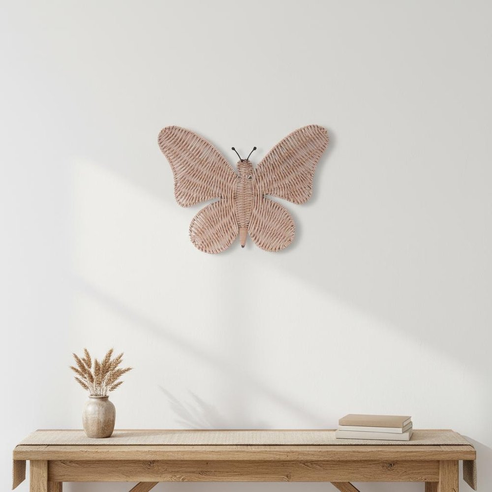 14" X 18" Natural Butterfly Rattan Hanging Dimensional Sculpture