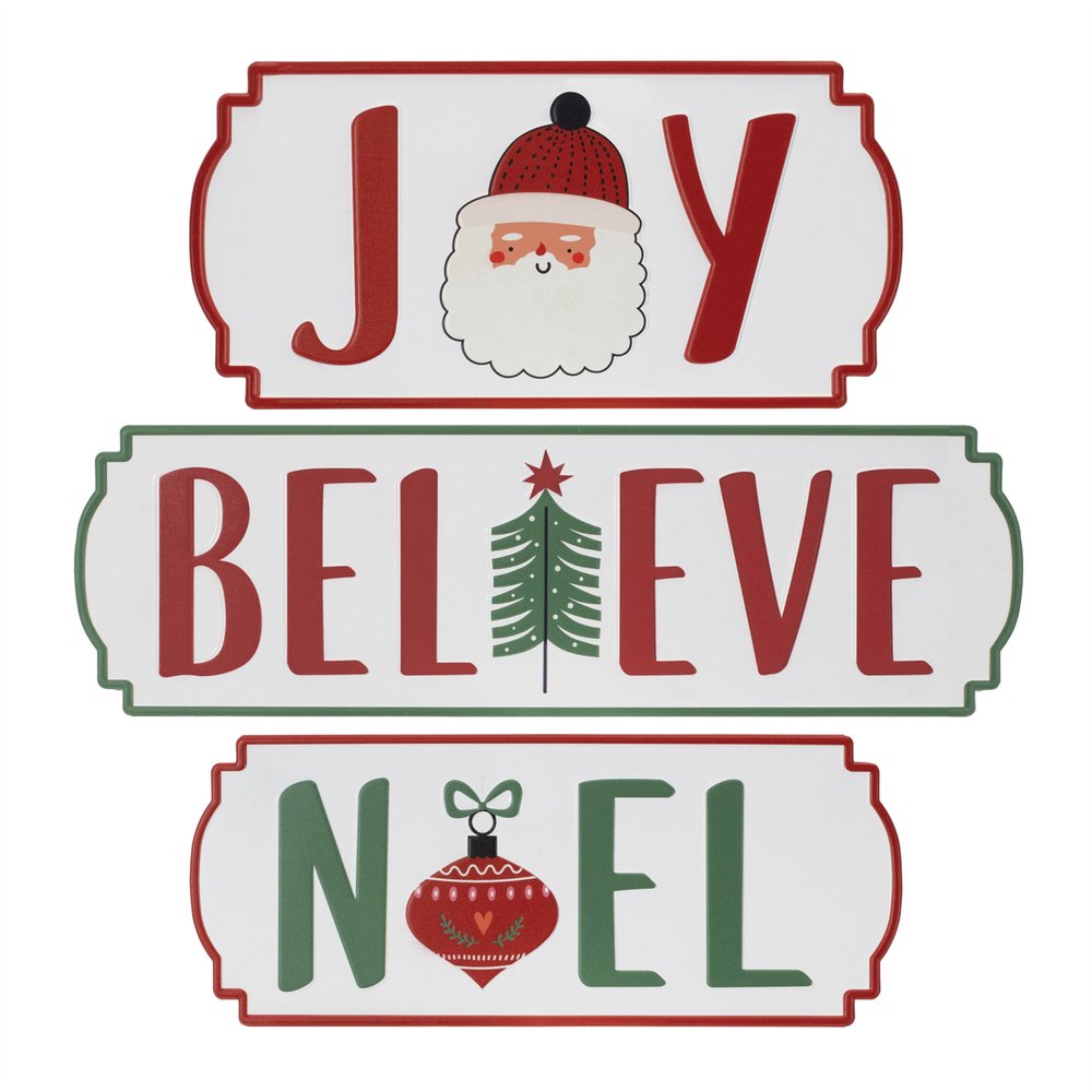 Set of Three White Green And Red Metal Christmas Hanging Text Wall Decor