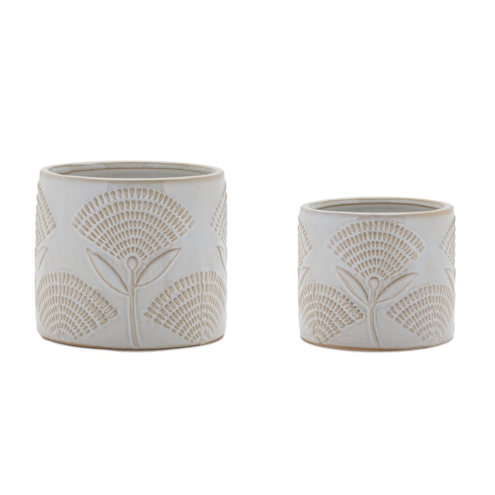 Set of Two White And Beige Porcelain 1 Ounce Leaf Round Pot Planters