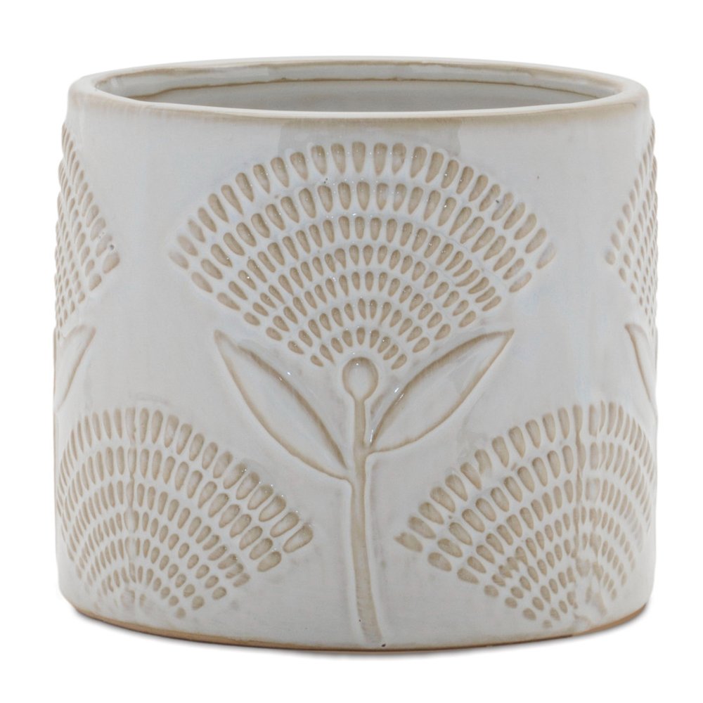 Set of Two White And Beige Porcelain 1 Ounce Leaf Round Pot Planters