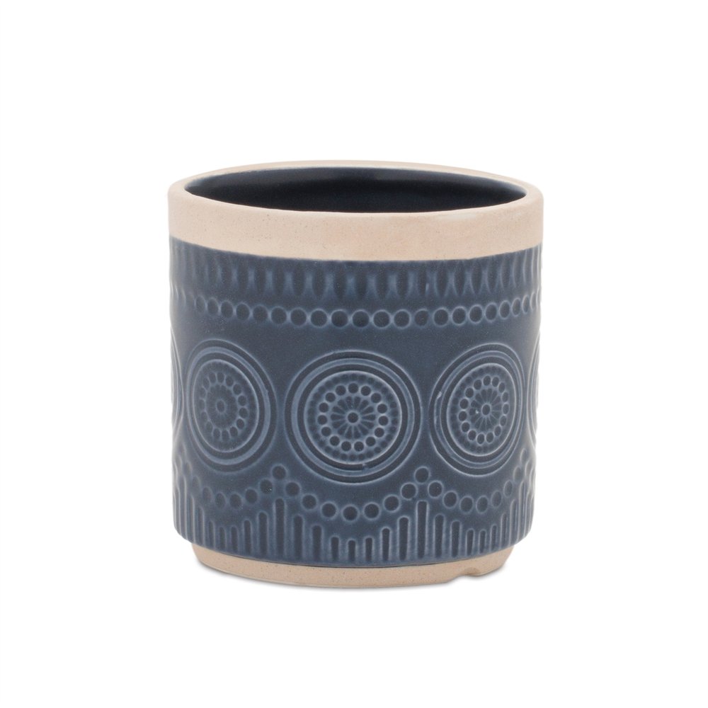 Set of Two Beige And Blue Ceramic 1 Ounce Geometric Round Pot Planters
