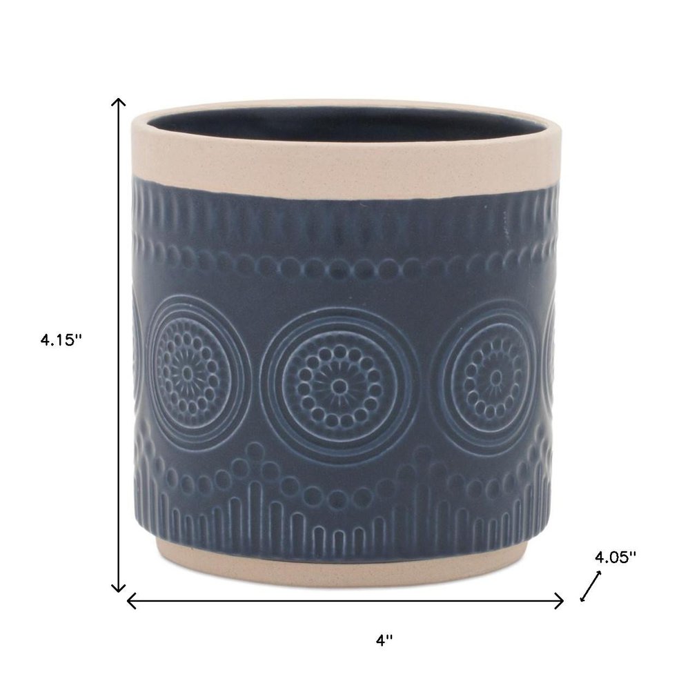 Set of Two Beige And Blue Ceramic 1 Ounce Geometric Round Pot Planters