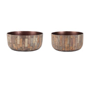 Set of Two Brown Wood 1 Ounce Round Pot Planters