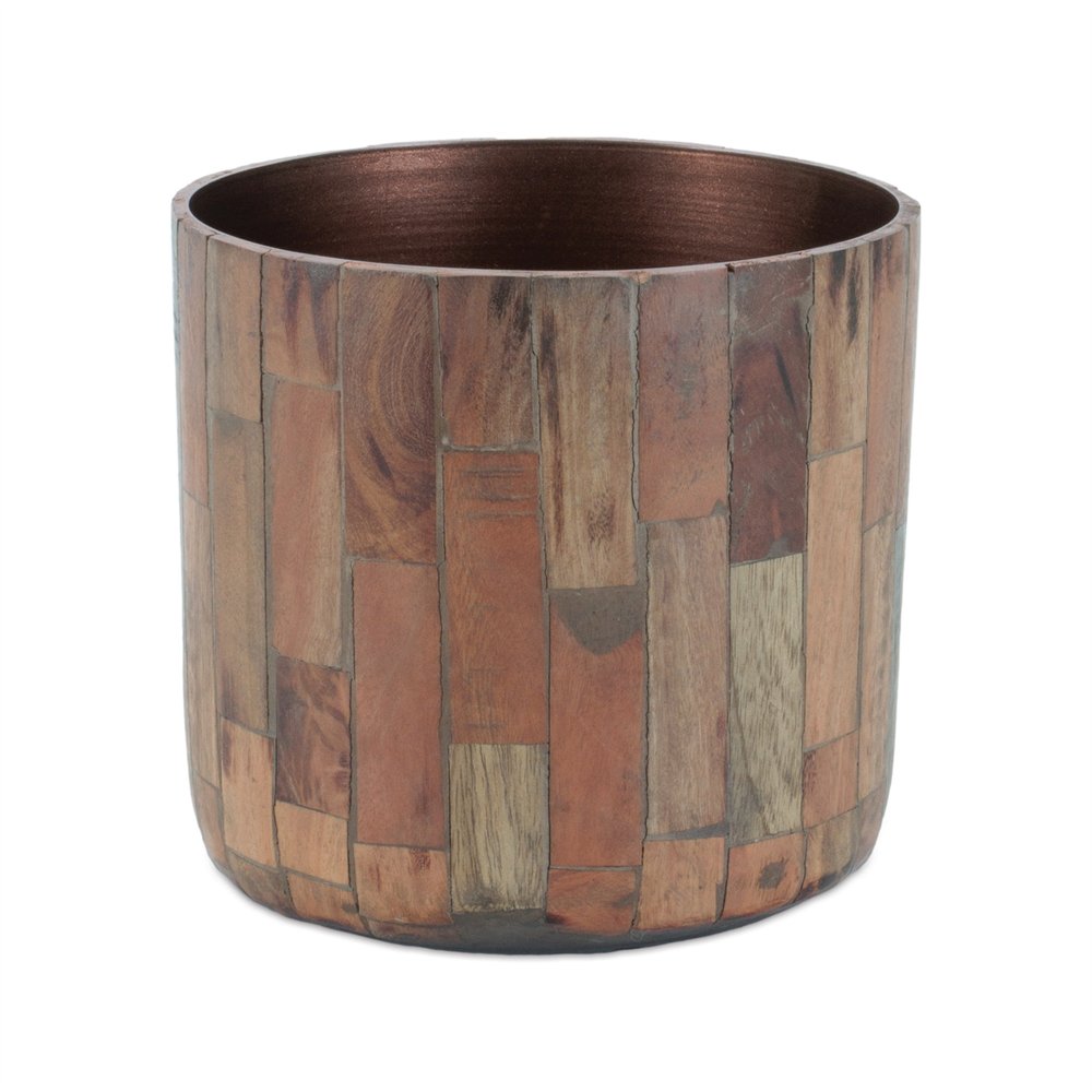 Set of Two Brown Wood 1 Ounce Round Pot Planters