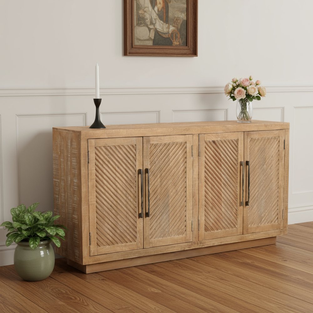 72" Natural Distressed Solid Wood Carved Geometric Sideboard with Four Doors