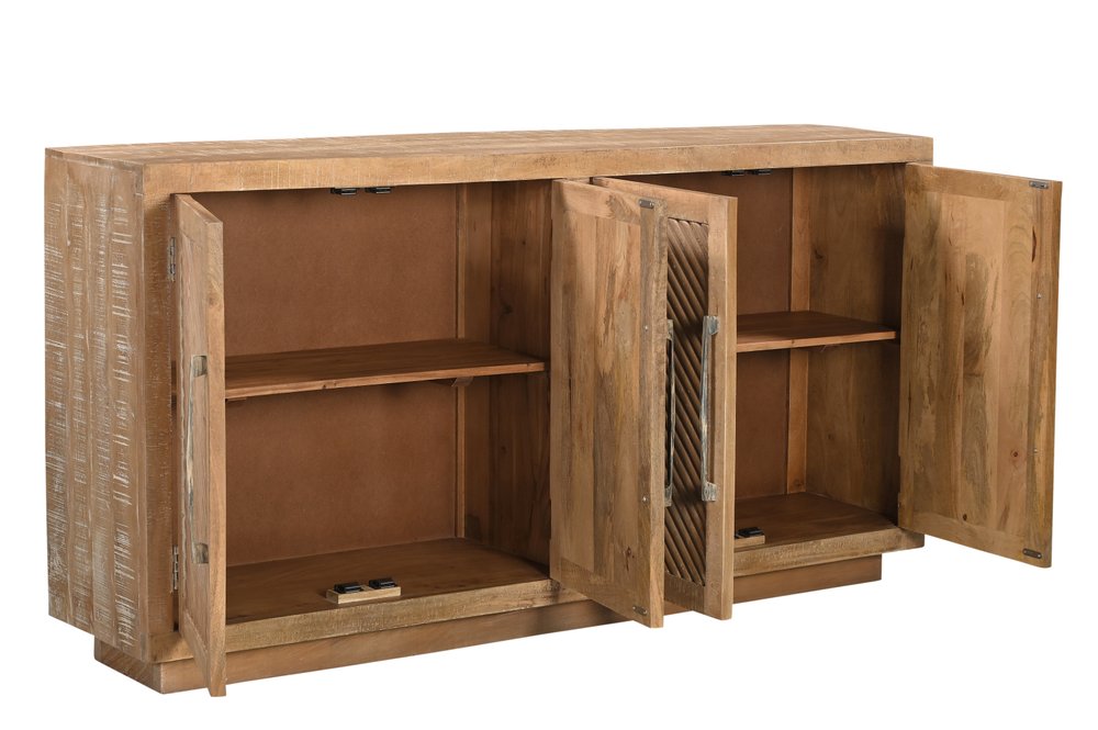 72" Natural Distressed Solid Wood Carved Geometric Sideboard with Four Doors