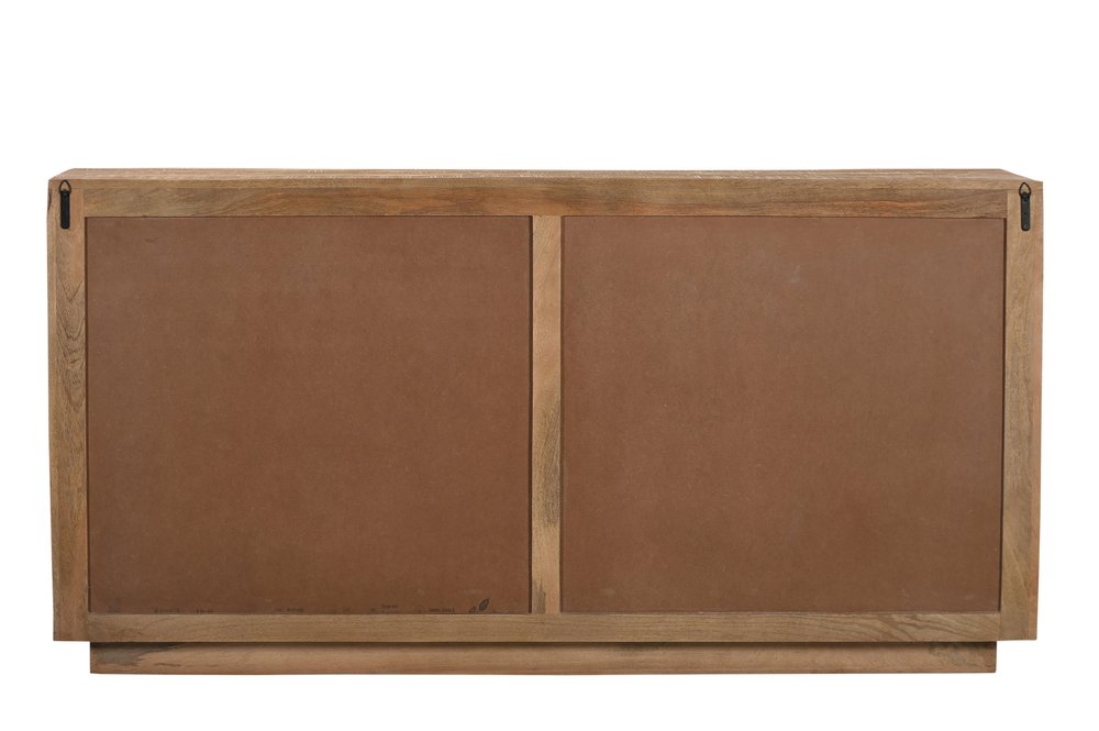 72" Natural Distressed Solid Wood Carved Geometric Sideboard with Four Doors