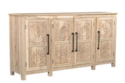 74" Natural Distressed Solid Wood Carved Floral Sideboard with Four Doors