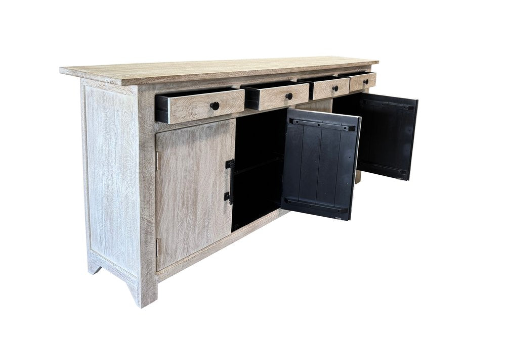 79" White Distressed Solid Wood Paneled Four Drawer Sideboard with Four Doors