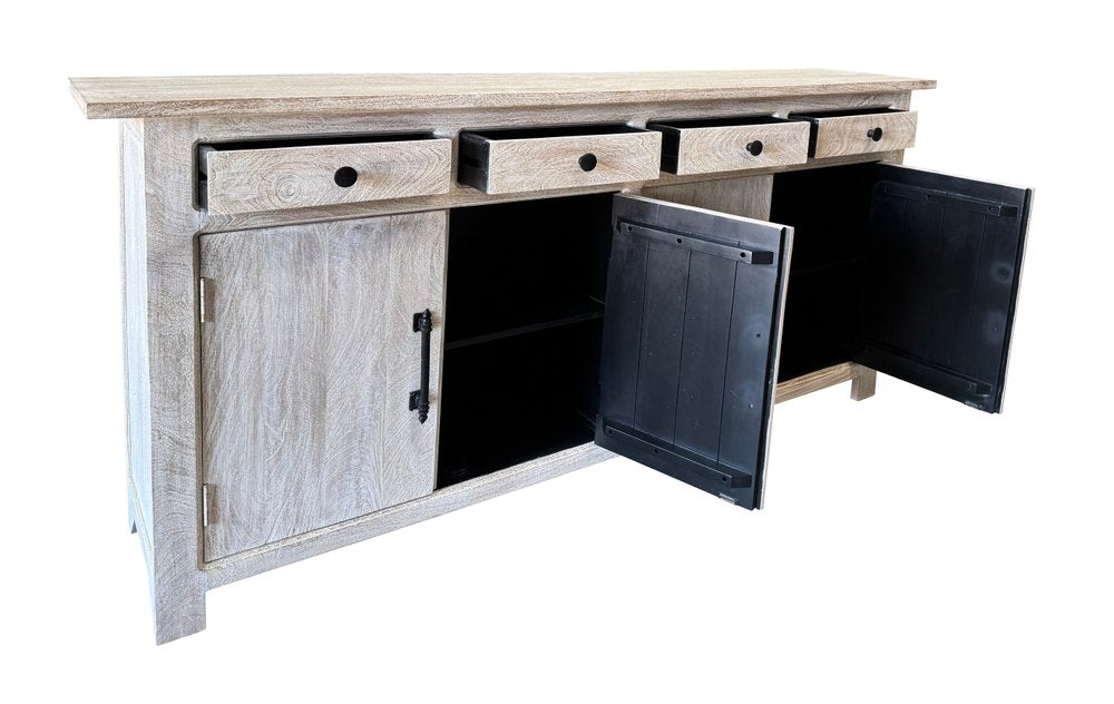 79" White Distressed Solid Wood Paneled Four Drawer Sideboard with Four Doors