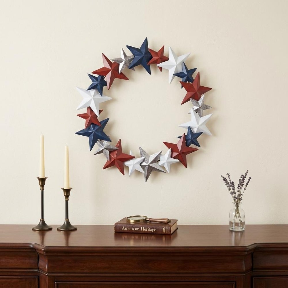 18" Red White And Blue Metal Star Round Hanging Wreath Wall Decor