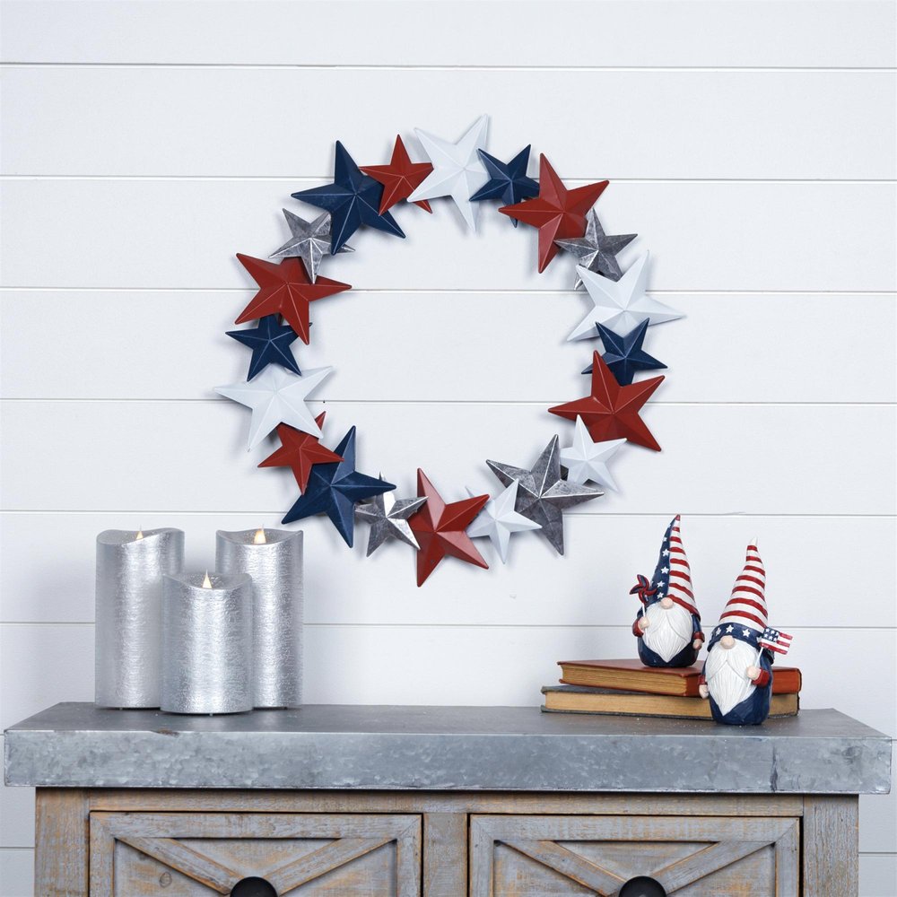 18" Red White And Blue Metal Star Round Hanging Wreath Wall Decor