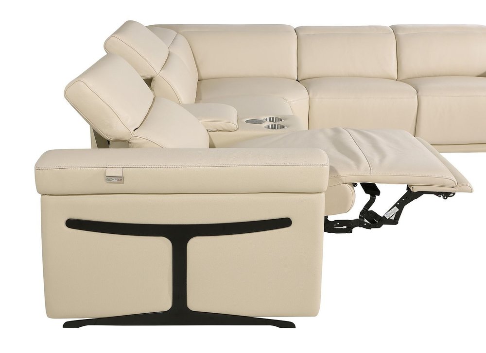 Beige Italian Leather Power Reclining U Shaped Eight Piece Sectional With Console