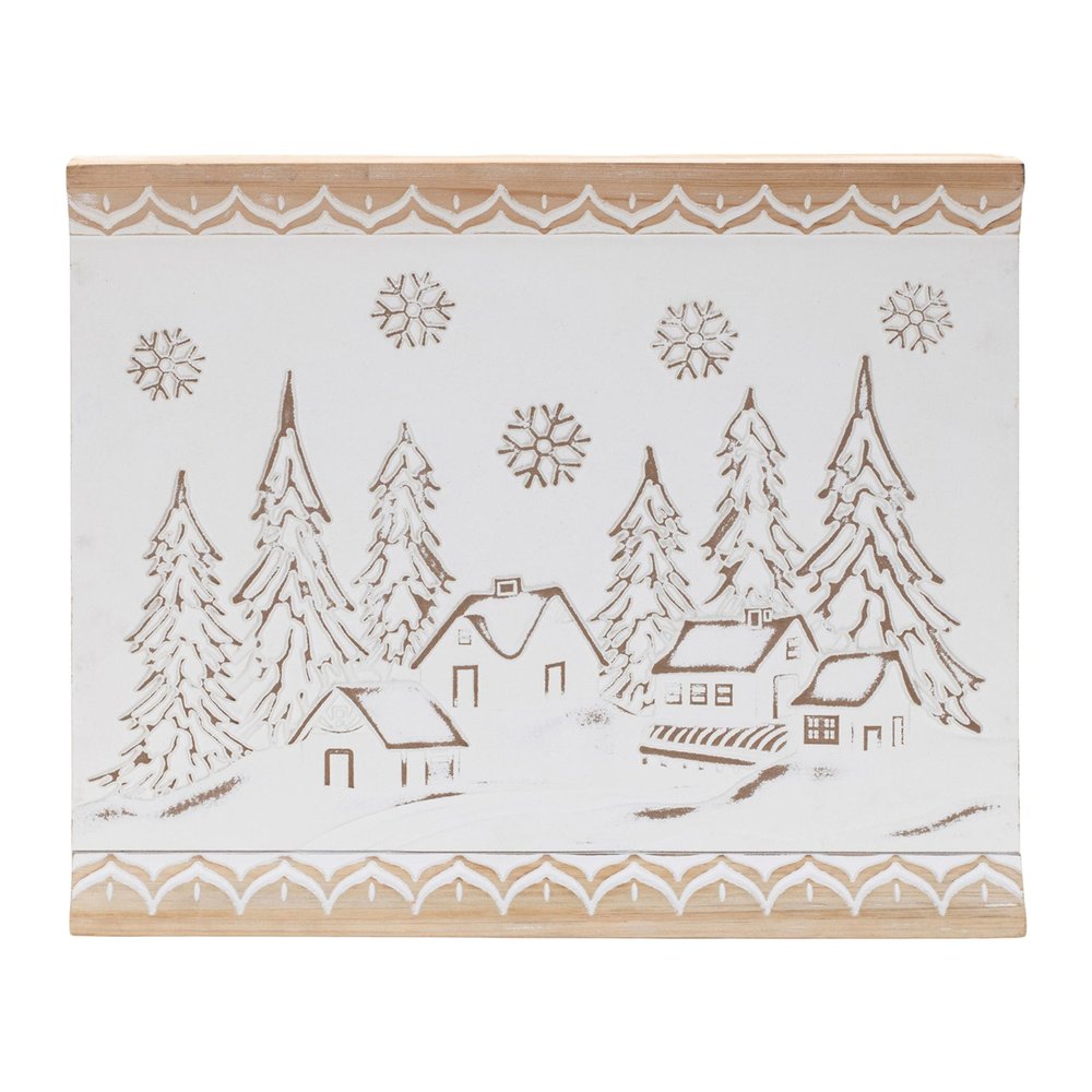 16" X 19" Natural And White Winter Village Christmas Trees Hanging Wall Decor