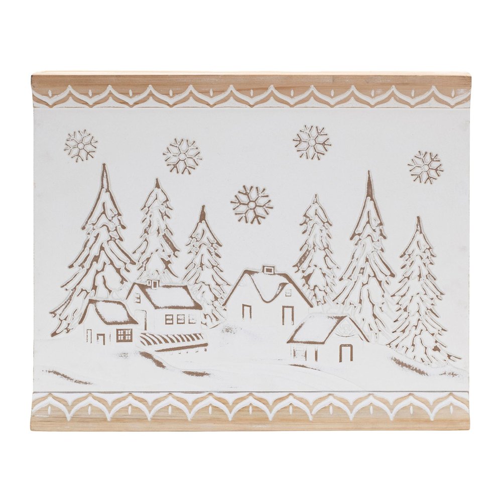 16" X 19" Natural And White Winter Village Christmas Trees Hanging Wall Decor