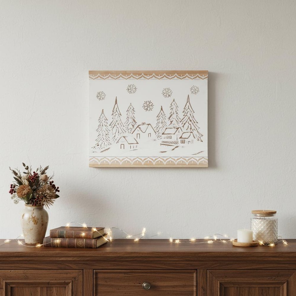 16" X 19" Natural And White Winter Village Christmas Trees Hanging Wall Decor