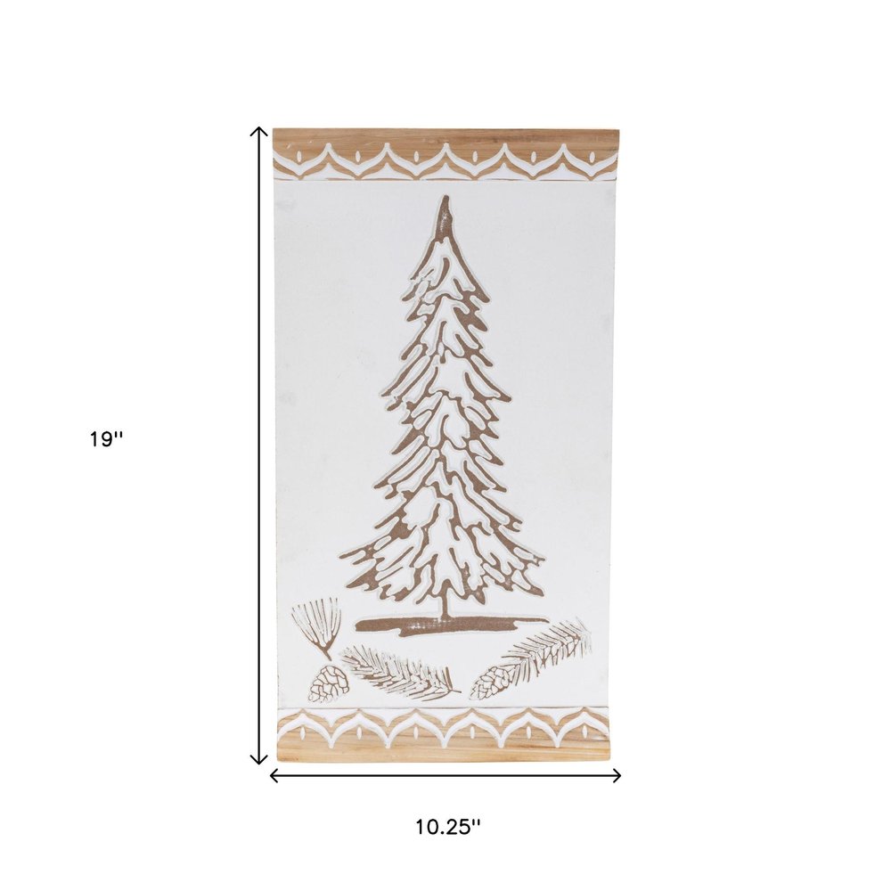 19" X 10" Natural And White Wood Christmas Tree Hanging Wall Decor