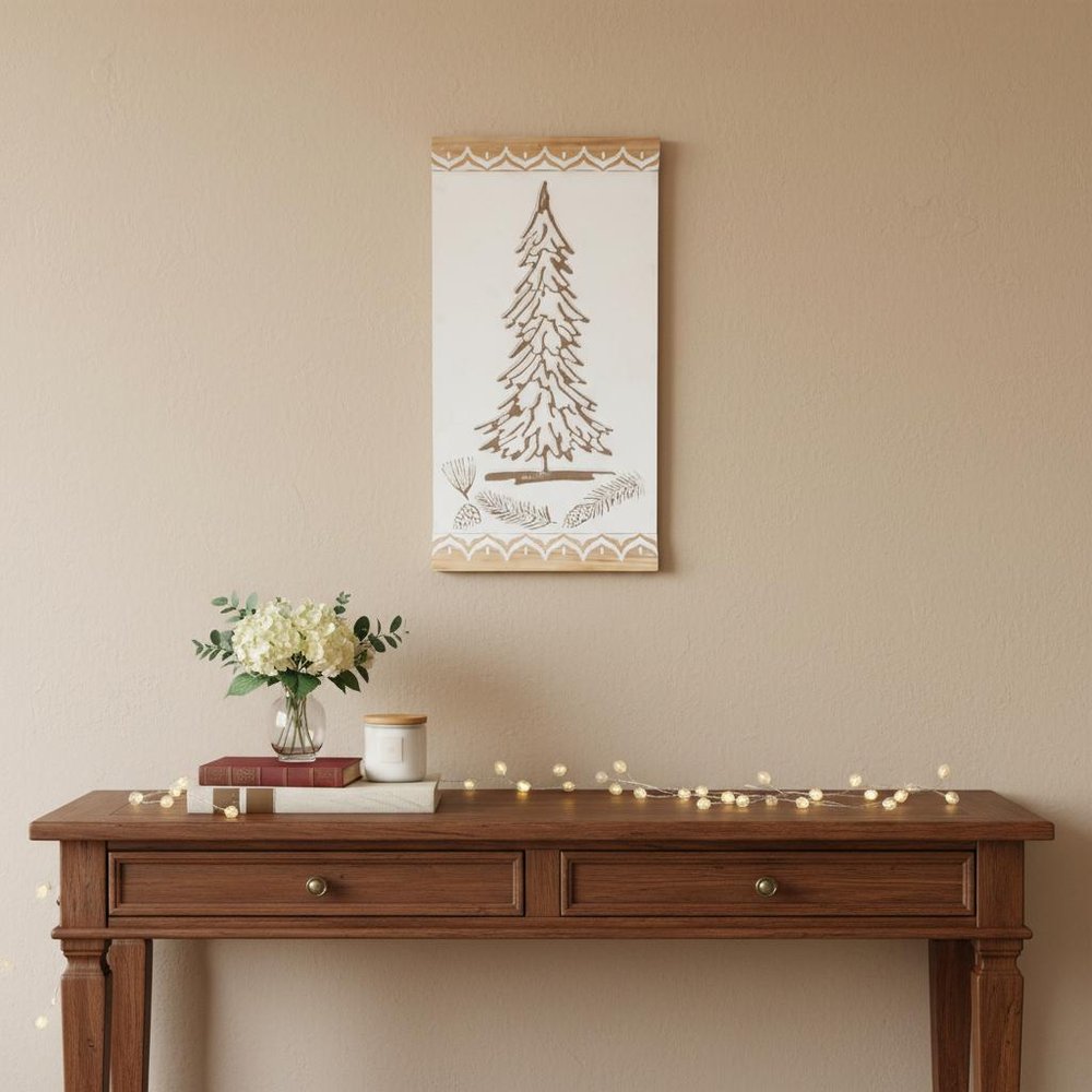 19" X 10" Natural And White Wood Christmas Tree Hanging Wall Decor