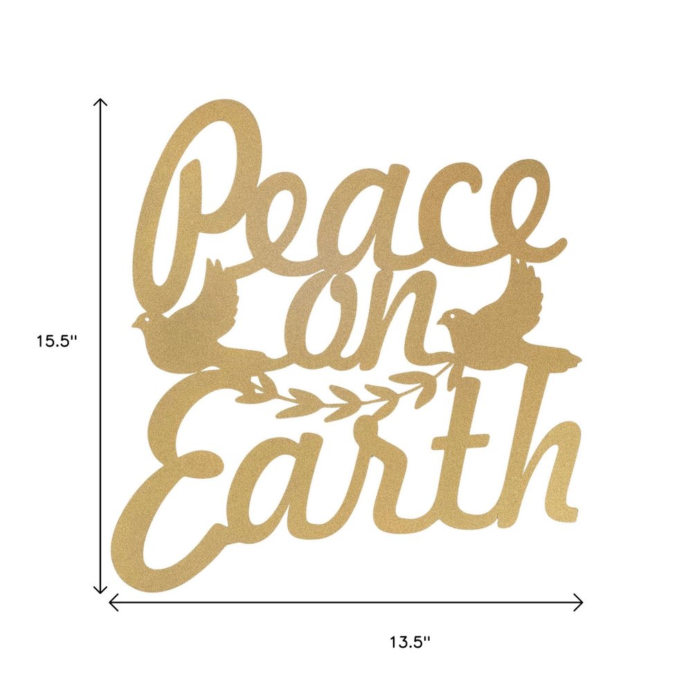 16" X 14" Gold Metal Peace On Earth Metal Text Wall Decor