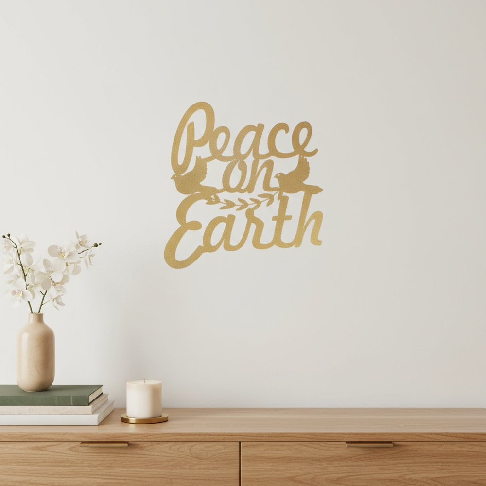 16" X 14" Gold Metal Peace On Earth Metal Text Wall Decor