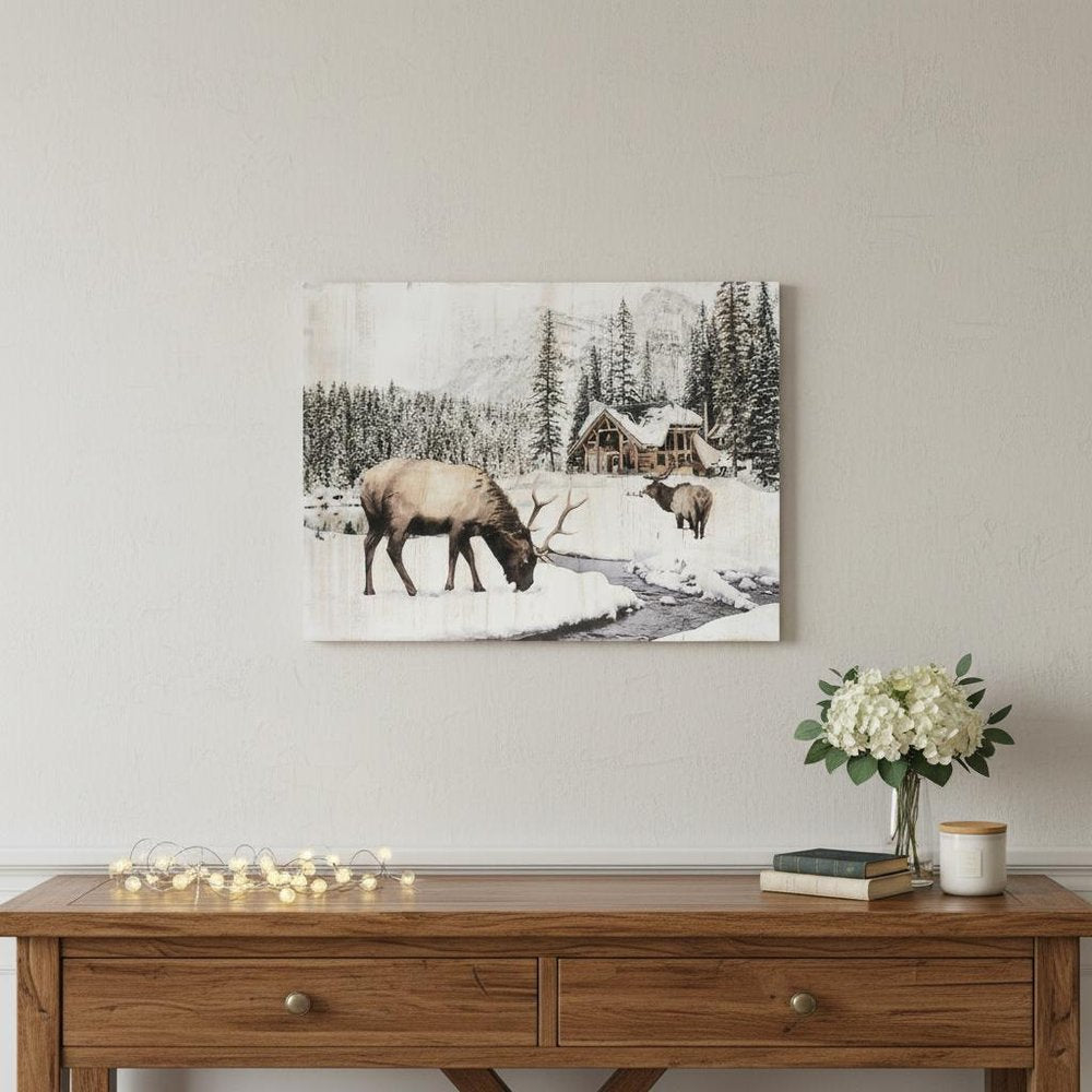 14" X 19" Brown And White Wood Winter Reindeer Lodge Hanging Wall Decor