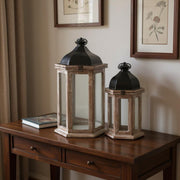 Set of Two Brown Distressed Geometric Metal And Solid Wood Floor Lantern Candle Holders