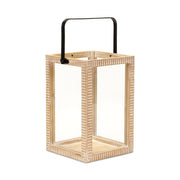 16" Clear And Natural Glass And Solid Wood Tabletop Lantern Candle Holder