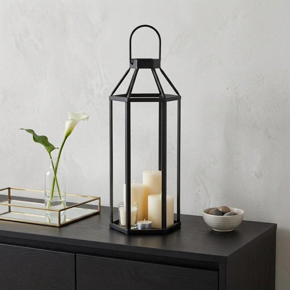 32" Black Geometric Metal Floor Lantern Candle Holder