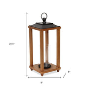 21" Brown And Black Geometric Metal And Solid Wood Tabletop Lantern Candle Holder