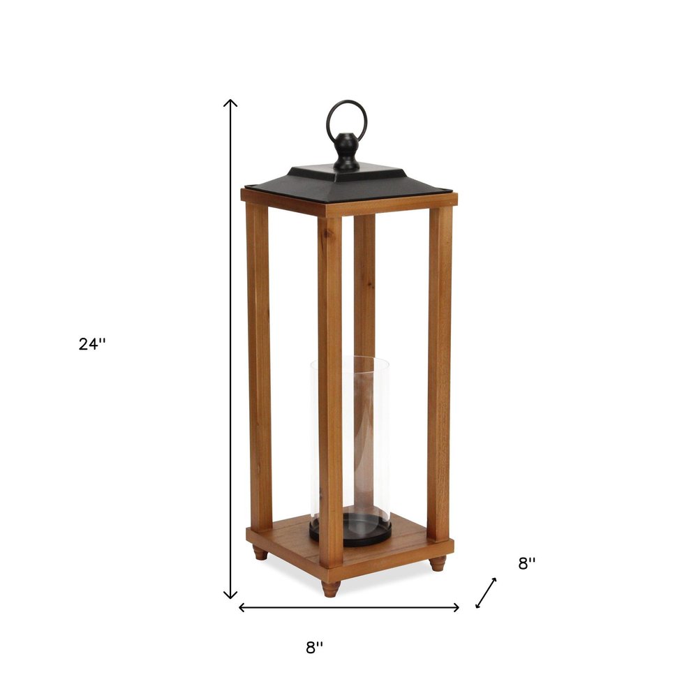 24" Black And Brown Distressed Geometric Metal And Solid Wood Floor Lantern Candle Holder