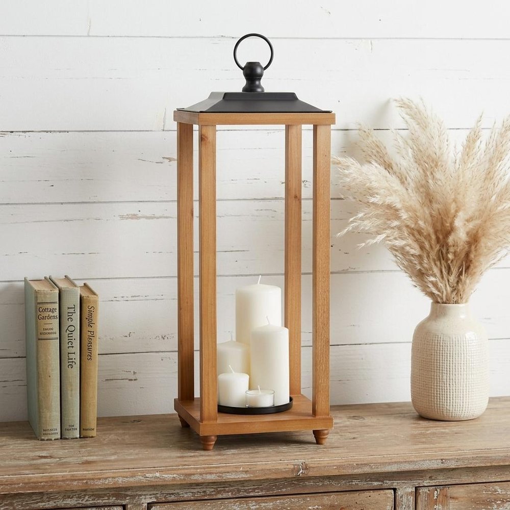 24" Black And Brown Distressed Geometric Metal And Solid Wood Floor Lantern Candle Holder