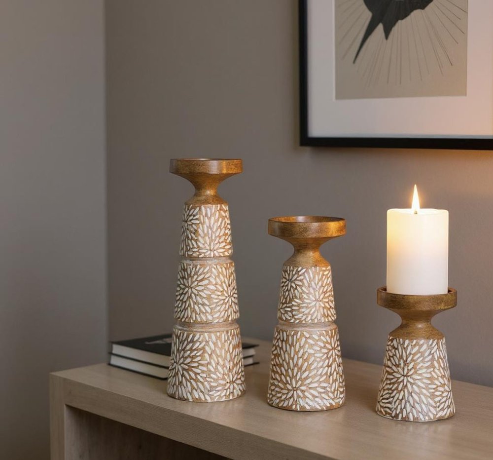 Set of Three Brown And White Distressed Floral Resin Tabletop Pillar Candle Holders