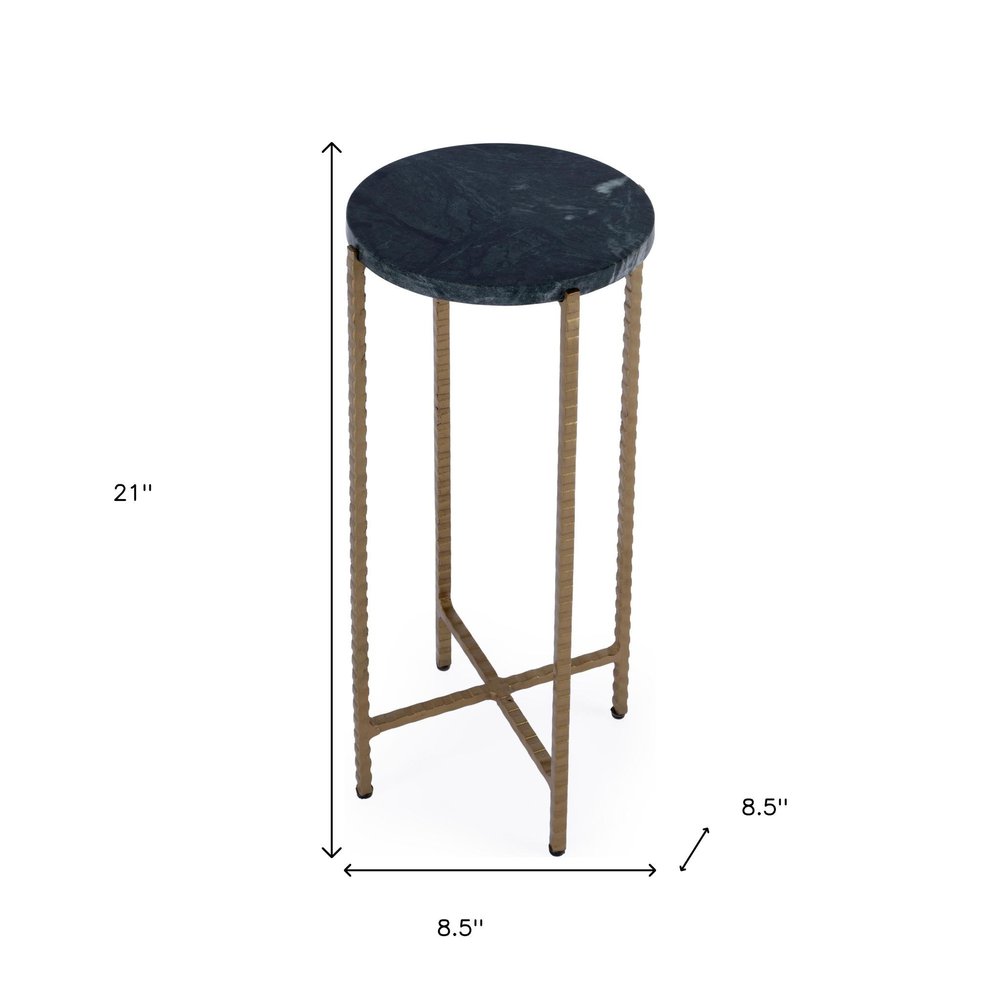 21" Green and Gold Marble and Iron Drink Size Round End Table