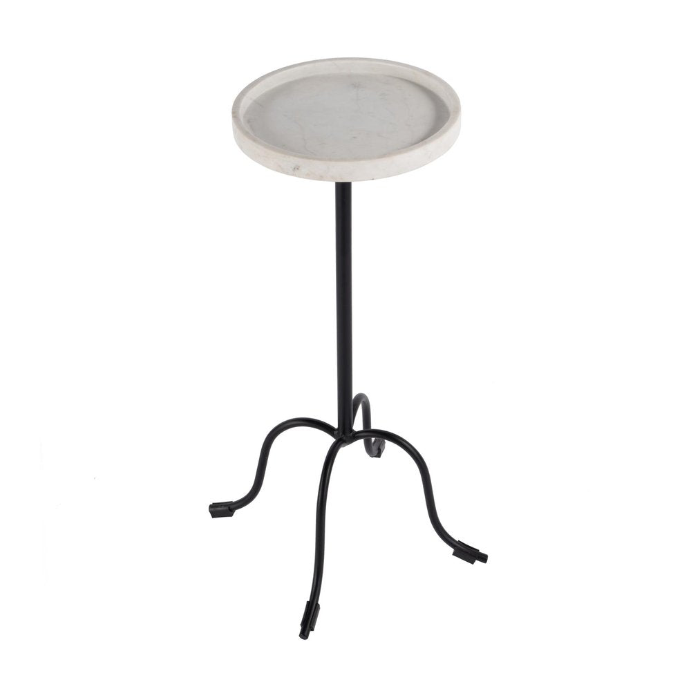 25" White and Black Marble and Iron Round Pedestal End Table