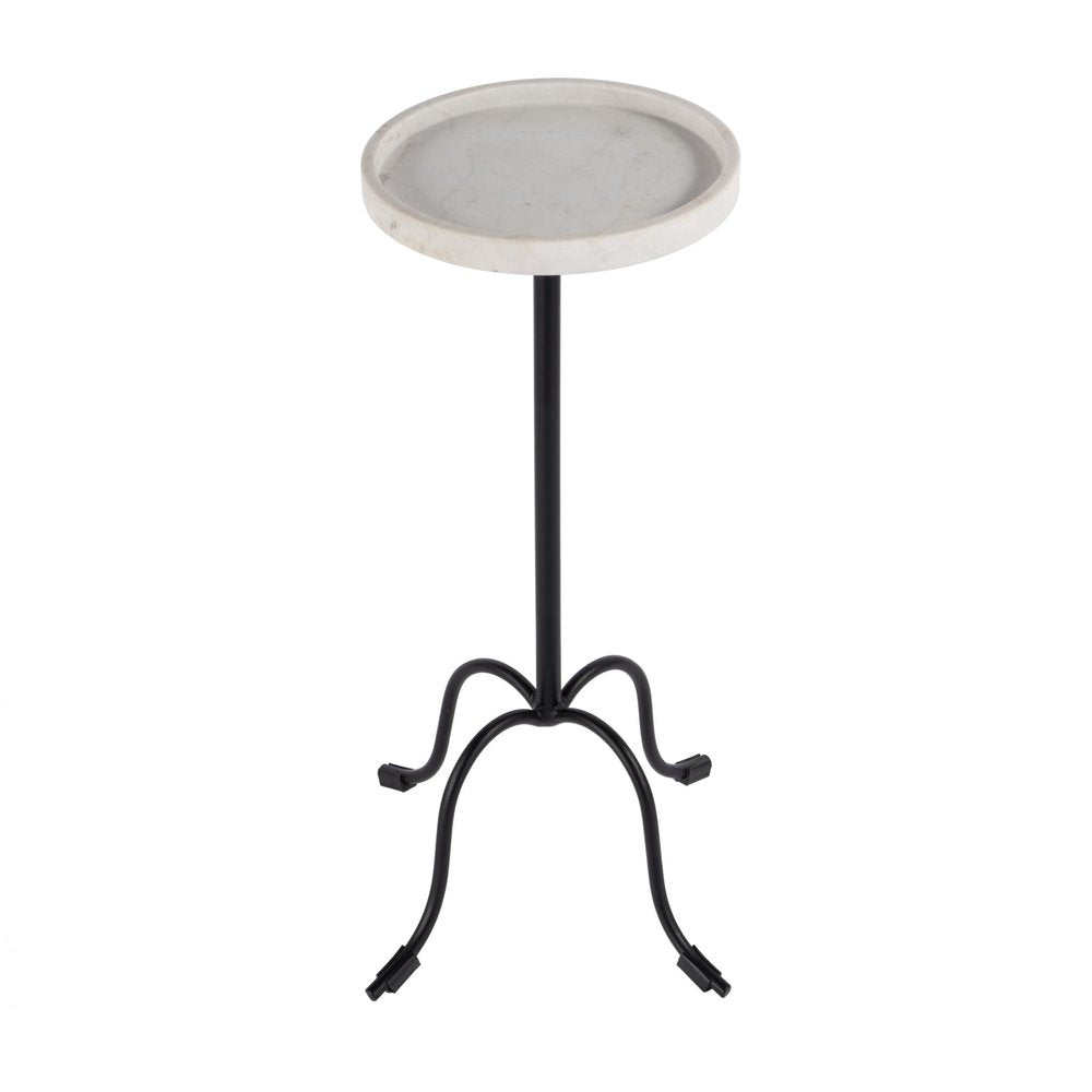 25" White and Black Marble and Iron Round Pedestal End Table