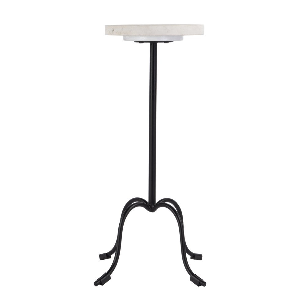 25" White and Black Marble and Iron Round Pedestal End Table