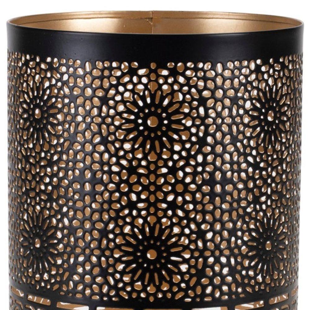 Set of Two Black And Gold Distressed Abstract Iron And Metal Tabletop Hurricane Candle Holders